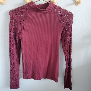 Venus Burgandy Mock Neck Lace Arm Longsleeve Top size M